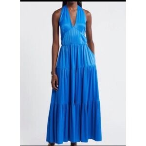 Nordstrom Blue Halter Tiered Maxi Dress Open Back V-Neck Pockets Size M NWT